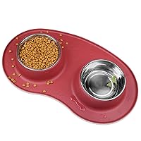 Dog Bowls Set, Double Stainless Steel Feeder Bowls and Wider Non Skid Spill Proof Silicone Mat Pet Puppy Cats Dogs Bowl, Burgundy