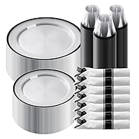 Goodluck 350 Piece Black Plastic Dinnerware Set for Party, Clear Disposable Plates for 50 Guests, Include: 50 Dinner Plastic Plates, 50 Dessert Plates, 50 Pre Rolled Napkins with Cutlery Set, 50 Cups