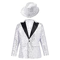 TiaoBug Kids Boys Sparkly Gentleman Suit Tuxedo Coat Blazer Jacket Birthday Party Wedding Formal Suit with Hat Set