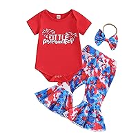 Kupretty 4th of July Baby Girl Outfit Little Firecracker Romper Bodysuit & Tie-Dye Flare Pants & Headband Newborn Outfit Set