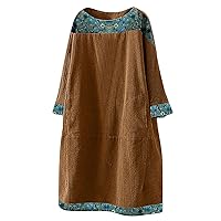 Short Sundresses for Women Plus Size,Long Women Pockets Sleeve Print Dress Ethnic Vintage Patchwork Loose Cordu