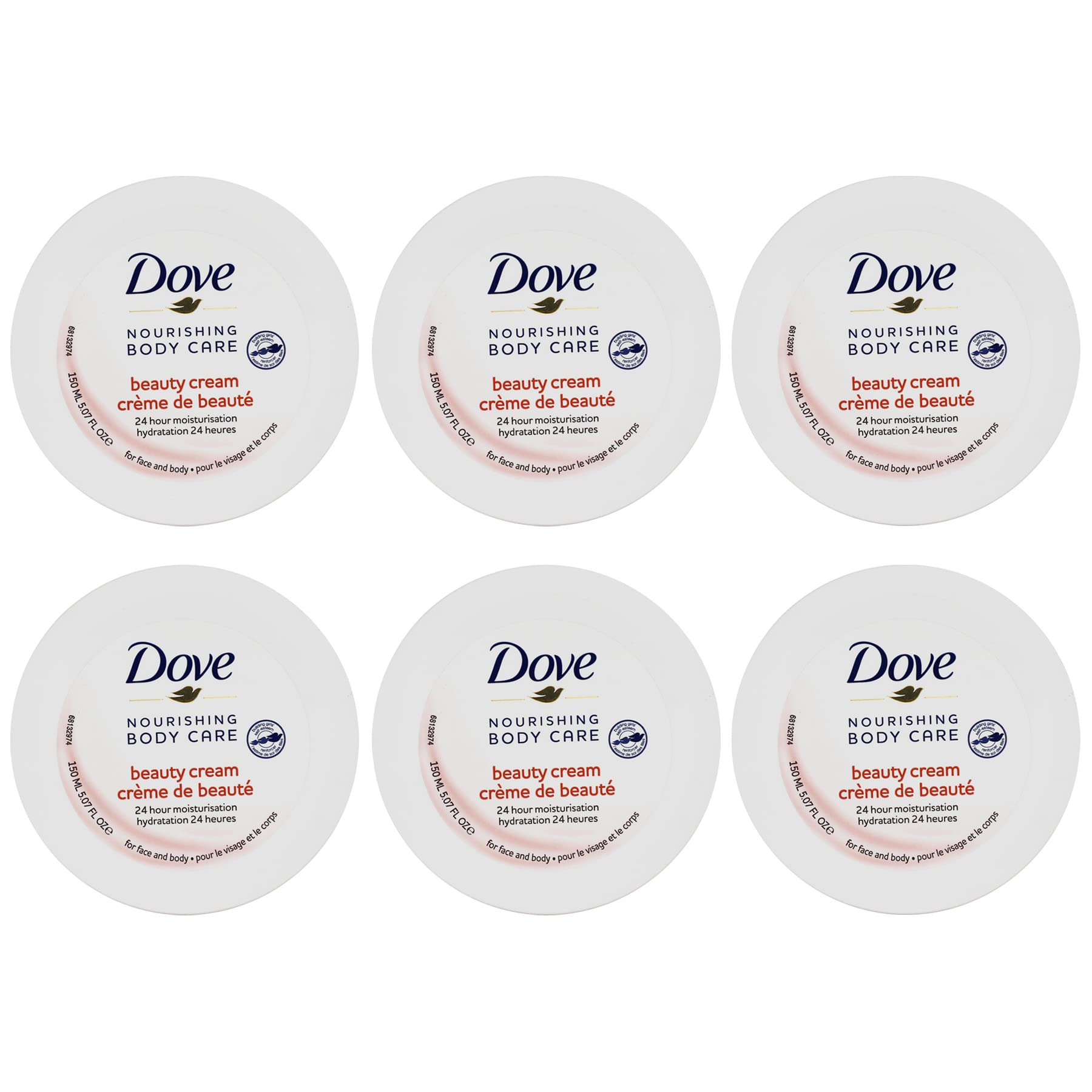 Dove Nourishing Body Care, Face, Hand, and Body Beauty Cream for Normal to Dry Skin Lotion for Women with 24-Hour Moisturization, 6-Pack, 5.07 Oz Each Jar