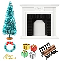 14 Pcs 1:12 Christmas Dollhouse Decoration Accessories with Wooden Vintage Fireplace, Christmas Stocking, Boxes Ornaments, Christmas Tree Wreath and Hanging Decoration Firewood Rack Firewood Holder