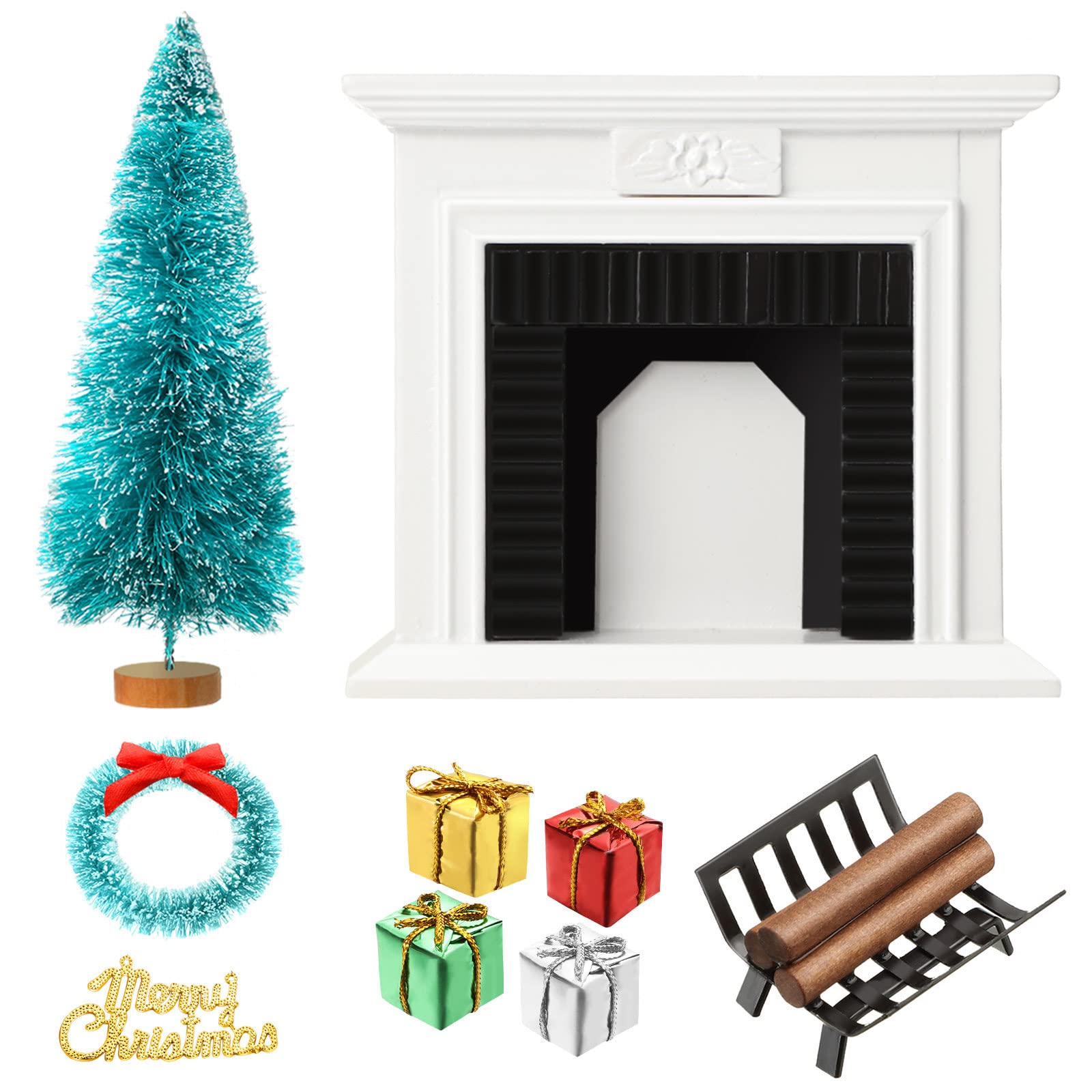 14 Pcs 1:12 Christmas Dollhouse Decoration Accessories with Wooden Vintage Fireplace, Christmas Stocking, Boxes Ornaments, Christmas Tree Wreath and Hanging Decoration Firewood Rack Firewood Holder