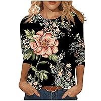 Womens Fashion Tops Button Down Blouses for Women 2024 Women's Casual 3/4 Sleeve T-Shirts Round Neck Causal Print Tunic Tops Loose Fit Pullover Blouse 08-Black Large
