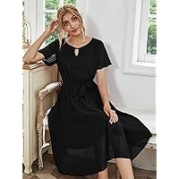 Fall Clothes for Women 2022 Peekaboo Self Tie Chiffon -line Dress (Color : Black, Size : X-Large)