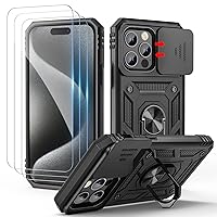 SAMONPOW for iPhone 15 Pro Max Case with Screen Protector[3 Pack] + Slide Camera Cover +360°Rotated Ring Magnetic Kickstand, Heavy Duty Shockproof Protective Cover for iPhone 15 Pro Max 6.7 inch Black