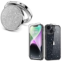 MIODIK Bundle - for iPhone 14 Case Clear Glitter (Black) + Phone Ring Holder (Silver), with Screen Protector & Camera Lens Protector, Protective Shockproof for Women