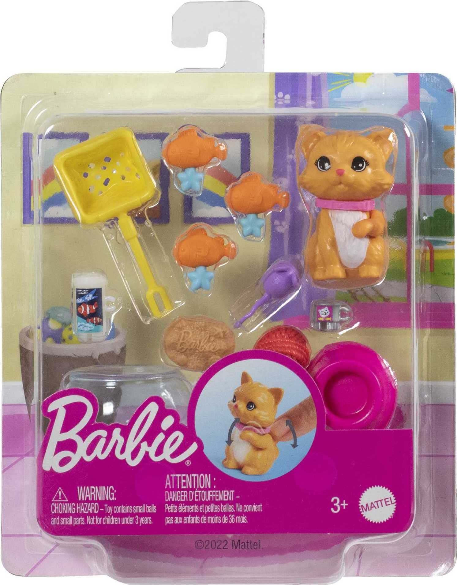 Barbie Pets and Accessories, Interactive Kitty Playset with Moving Paw and Head, 11 Animal Themed Pieces