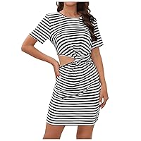 Sexy Mini Dress for Women Cut Out Waist Pencil Dress Twist Front Stripe Sun Dress Wrap Short Sleeve Crew Neck Bodycon Dress