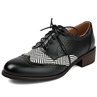 Womens Wingtip Oxford Flats Shoes Low Heel Saddle Shoes 50's Style Chunky Heel Lace Up Brogues Shoes Round Toe Classic Pumps