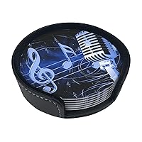 Microphone with Music Notes Print Leather Coaster Set of 6 Pieces,with Holder Round Heat-Resistant Drinks Coffee Decorative Coaster for Living Room Kitchen,4 in