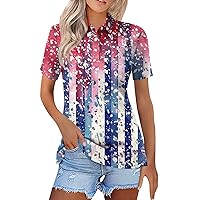 Women's Tops American Flag 4Th of July 2024 Cute Star Stripes Button Down Lapel Neck Short Sleeve Polo Shirts Outfit