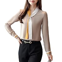 LAI MENG FIVE CATS Women's Casual Elegant Tie Neck Long Sleeve Blouse Top