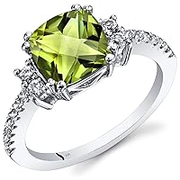 PEORA Peridot Ring for Women in 14K White Gold with White Topaz, Natural Gemstone Birthstone, Designer 2.53 Carats total, 8mm Cushion Cut, Comfort Fit, Sizes 5 to 9
