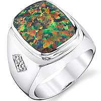 PEORA Men's Created Black Fire Opal Knight Signet Ring 925 Sterling Silver, Large 15x12mm Cushion Cut, Sizes 8 to 13