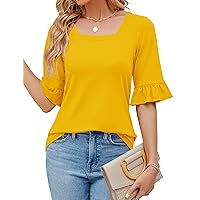 Womens 3/4 Sleeve Shirts Summer Square Neck Bell Sleeve Tops Business Casual Loose Tunic Work Dressy Blouses