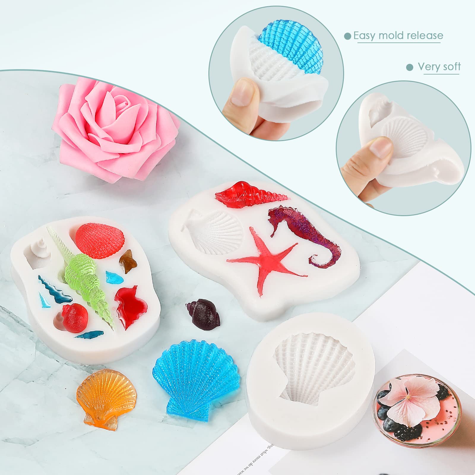 5 Pcs Marine Theme Cake Fondant Silicone Mold Set, Seashell Conch Starfish Hippocampus DIY Baking Molds for Mermaid Theme Cake Decoration Fondant Chocolate Candy Polymer Clay Crafting Projects