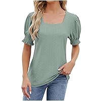 Short Sleeve Tops for Women Trendy Summer Blouses Dressy Casual Square Neck Puff Sleeve Eyelet T Shirts Tee with Smocked Cuff