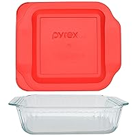 Pyrex (1) 222-SC Sculpted Clear Glass Baking Dish & (1) 222-PC 2qt Red Lid