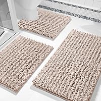 Yimobra Bathroom Rugs Sets 3 Piece, Fluffy Plush Chenille Baht Room Mats Sets with Toilet Rug U Shaped, Soft Shaggy Absorbent Non Slip Shower Rug for Sink, Laundry Room Mat, Machine Washable, Beige