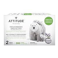 ATTITUDE Static Eliminator and Fabric Softener, Reusable Dryer Cloth, Hypoallergenic and Fragrance-Free, Vegan and Cruelty-Free Household Products, 300 Loads, 2 Sheets (1 Pack)