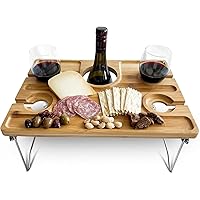 Portable Picnic Table, 2 in 1 Folding Wooden Picnic Basket Table,Wine Table with 4 Wine Glasses Holder for Outdoor Lawn, Beach, Park, Garden