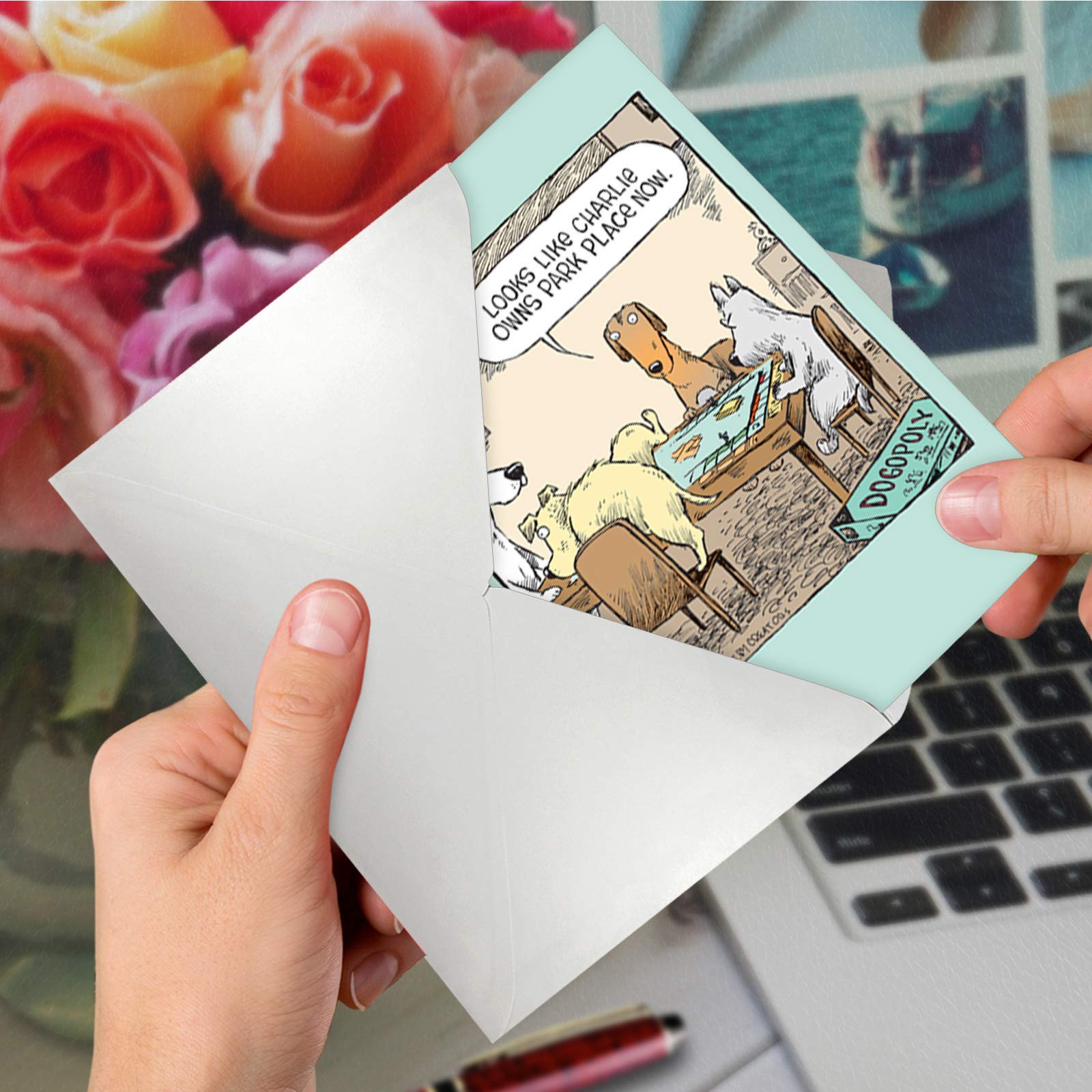 NobleWorks - 1 Humor Birthday Dog Card with Envelope - Funny Puppies Cartoons for Birthday Greetings, Celebration Notecard - Dogopoly C3986BDG