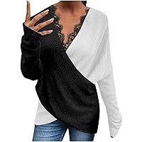 TUNUSKAT Womens Criss Cross Wrap Tops Sexy Lace Splicing V Neck Tunic Blouse Fashion Color Block Long Sleeve Shirt