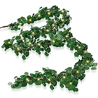 Chuangdi 15 ft LED Eucalyptus Wedding Garland Artificial Greenery Garland with Light 50 LED Lighted Faux Leaves Seeded Garland Prelit Fake Vine String for Backdrop Mantle Easter Valentine Party Decor