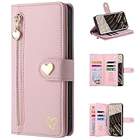 XYX Wallet Case for Honor X7a RKY-LX1 RKY-LX2 RKY-LX3, Gold Love Pattern PU Leather 9 Card Slots Flip Zipper Pocket Purse Cover with Wrist Lanyard for Honor X7a, Pink