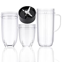 4-piece MB Blender Replacement Set 22oz Tall Mug Cup 16oz Cup 12oz Short Cup and Cross Blade Replacement Parts Compatible with Magic Bullet 250 watt Blenders Mb1001 Series