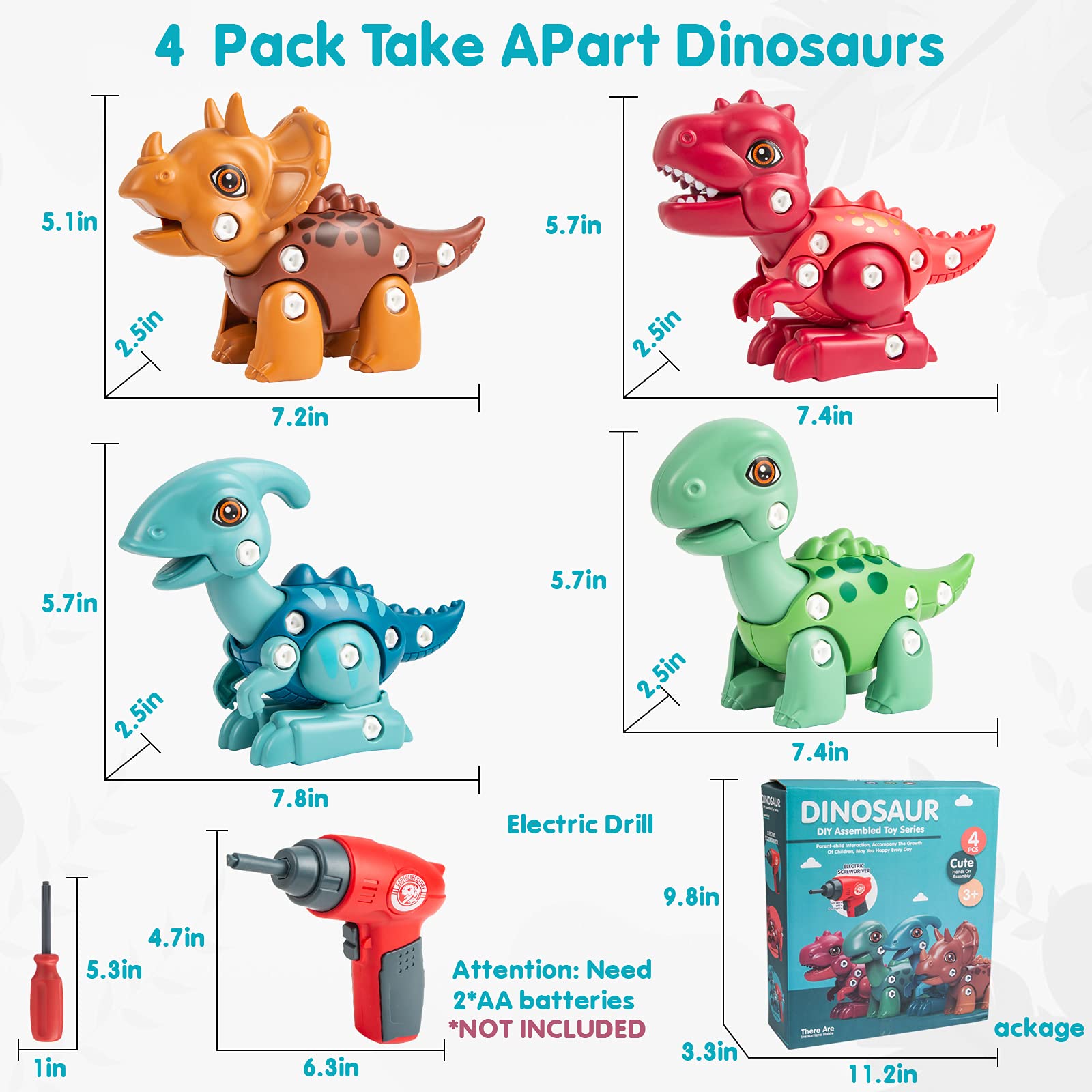 Piestol Dinosaur Toys for 3-5 5-7 Year Old Boys，Take Apart Dinosaur Toys for Kids with Electric Drill，Incl Tyrannosaurus Rex Triceratops Easter Basket Stuffers Gift（4 in 1）