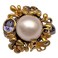 Freshwater Pearl Tanzanite Gemstone 18K Yellow Gold Plated Sterling Silver Vintage Ring
