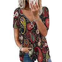 Andongnywell Women's Summer Short Sleeve Zipped V Neck Printed Shirt Casual Tunic Blouses Flowy Tops