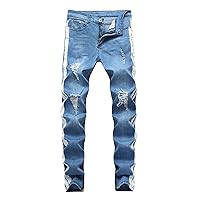 Andongnywell Men's Skinny Fit Ripped Destroyed Jeans Stretch Side Striped Jean Distressed Zipper Holes Pants Denim Pant