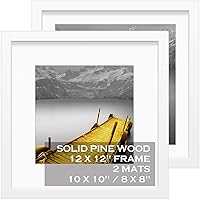 12x12 Picture Frames White Made of Solid Wood Display Pictures 10x10 or 8x8 with Mat or 12x12 without Mat - Each 12x12 Inch Square Photo Frames with 2 Mats Wooden for Wall or Tabletop Mount, Set of 2