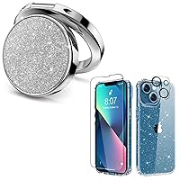 MIODIK Bundle - for iPhone 13 Case Clear Glitter + Phone Ring Holder (Silver), with 9H Tempered Glass Screen Protector + Camera Lens Protector, Protective Shockproof for Women