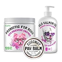 Probiotics for Dogs with Natural Digestive Enzymes 120 Soft Chews and Wild Alaskan Salmon Oil for Dogs & Cats 8 oz and Paw Balm Wax Soother & Moisturizer Cream with Coconut Oil 2oz Bundle