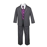 7pc Formal Boys Dark Gray Suits Extra Eggplant Vest Necktie Sets S-20 (8)