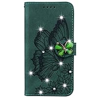 Wallet Case Compatible with Xiaomi Redmi Note 11, Bling Diamond Retro Butterfly PU Leather Cover for Redmi Note 11 5G (Green)