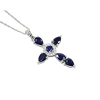 Natural Blue Sapphire Pear & Round Faceted Cut 925 Sterling Silver Holy Cross Pendant Beautiful Design Handmade Necklace With Silver Chain Solitaire Simulated Casual Wear Elegant Pendant Gift For Her (PD-8513)