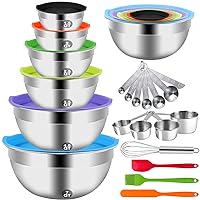 Mixing Bowls with Lid Set, 23PCS Kitchen Utensils Metal Bowl Stainless Steel Nesting Bowls, Measuring Cups and Spoons, Egg Whisk for Baking Prepping Cooking Serving Supplies