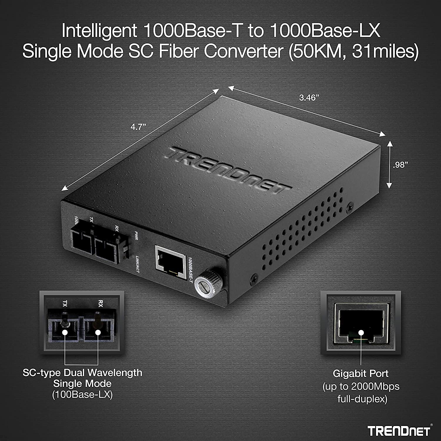 TRENDnet Intelligent 1000Base-T to 1000Base-FX Single Mode SC Type Fiber Media Converter (50 Km / 31 Miles), Fiber to Ethernet Converter, RJ-45 Port, Fiber Port, Lifetime Protection, TFC-1000S50
