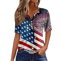 Women's Tops American Flag 4Th of July 2024 Cute Star Stripes Patchwork Button Down V Neck Short Sleeve Tee Blouse