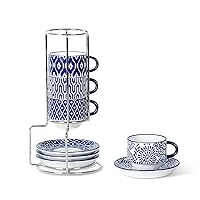 Selamica Ceramic Espresso Cups with Saucers and Metal Stand, 2.5 OZ Stackable Porcelain Cappuccino Cups, Demitasse Cups for Espresso Latte Café Mocha Tea, Gift, Set of 4, Vintage Blue
