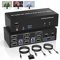 USB 3.0 HDMI + 2 DisplayPort KVM Switch 3 Monitors 2 Computers, 4K@60Hz Triple Monitor KVM Switch for 2 Computers Share 3 Monitors with 3 USB 3.0 Ports and Audio Microphone, Keyboard Mouse Switcher