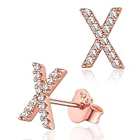 Silver Initials Earrings for Female Sterling Silver Tiny Stud Earrings with Letter X Ears Charms