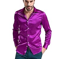 Men's Shiny Satin Shirts Long Sleeve Casual Button Down Shirts 70s Disco Costume Fit Silk-Like Satin Shirt Business Party
