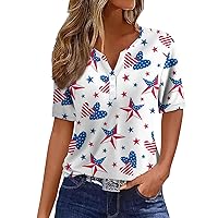 American Flag T Shirts for Women with Buttons V-Neck American Flag Print Short Sleeve Independence Day Shirt Women